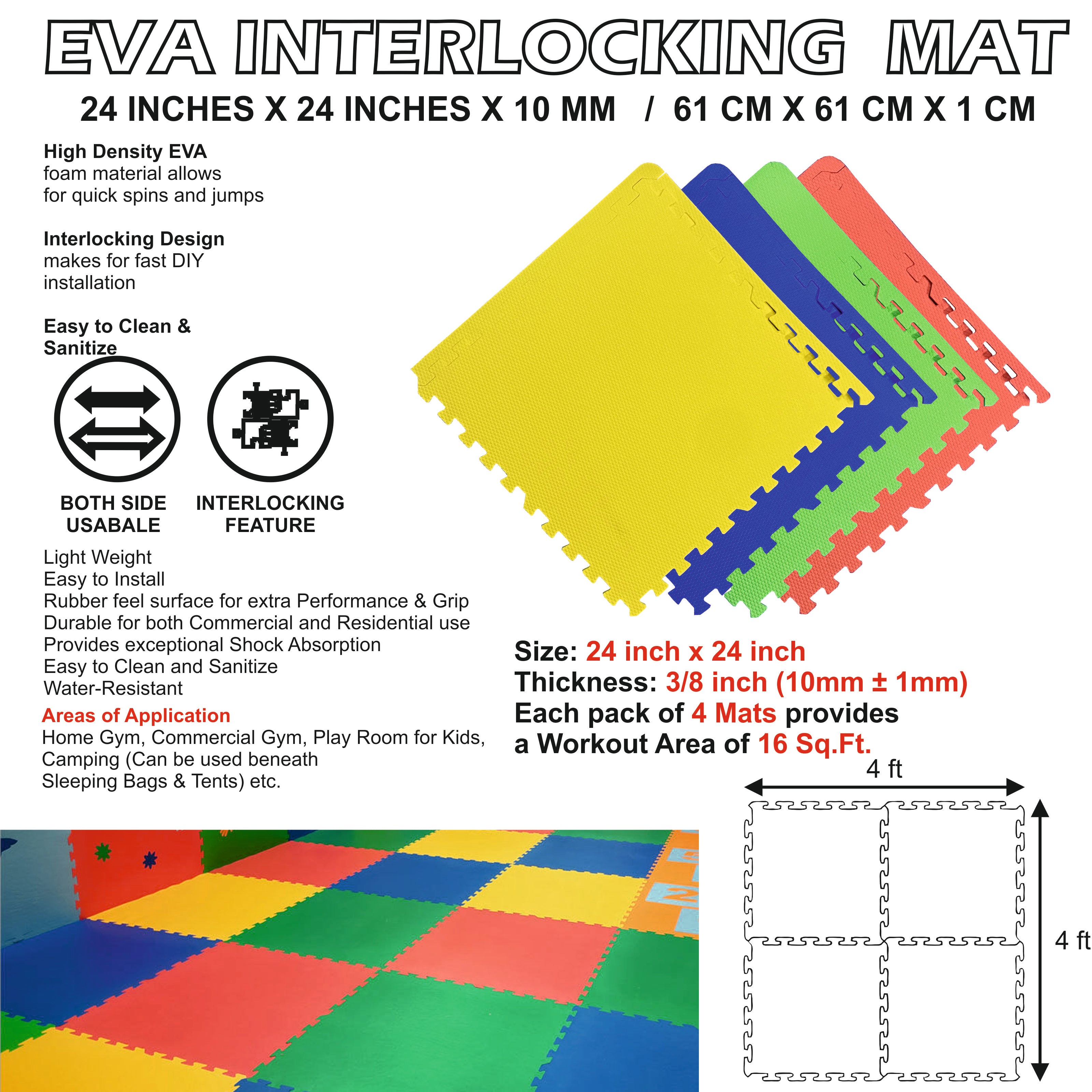 YOGPRO 10 mm Thick Interlocking Kids Play Mat Multicolor (Set of 4 Pcs)