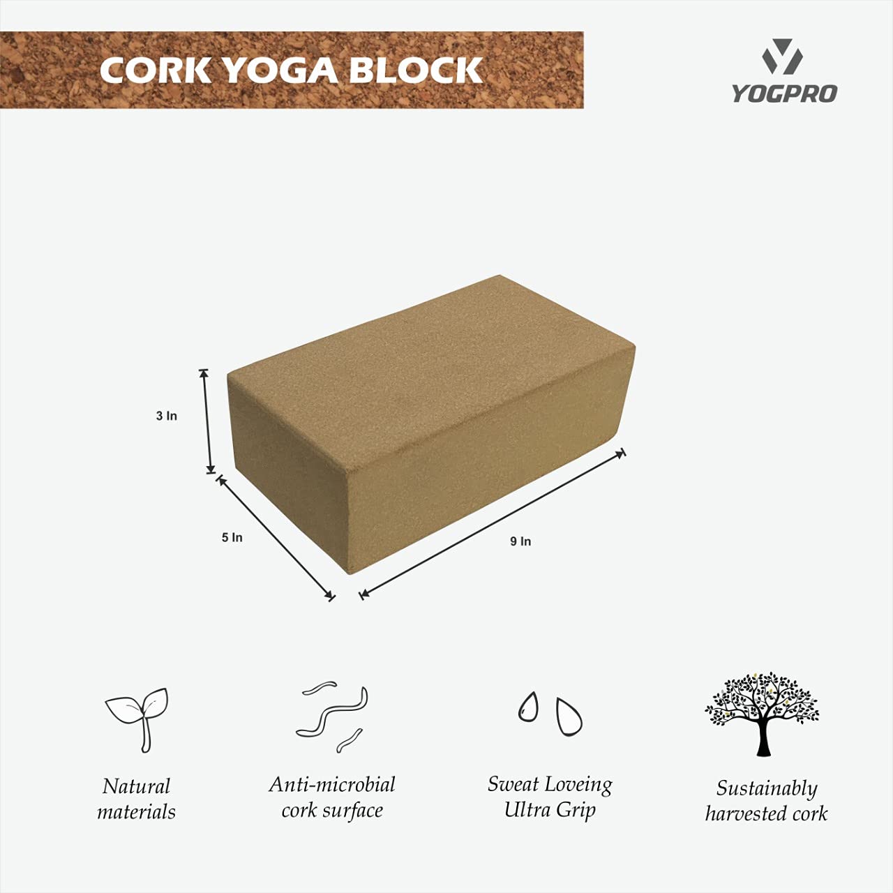 Yogpro Cork Yoga Brick (Set of 2 Pcs) 9 X 3 X 5 INCHES