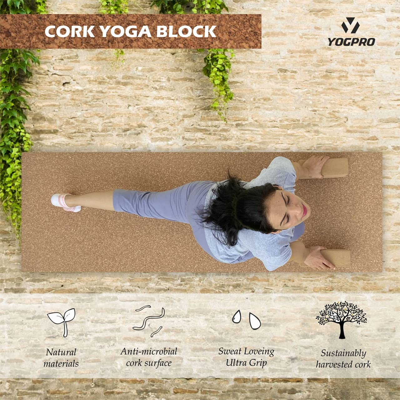 Yogpro Cork Yoga Brick (Set of 2 Pcs) 9 X 3 X 5 INCHES