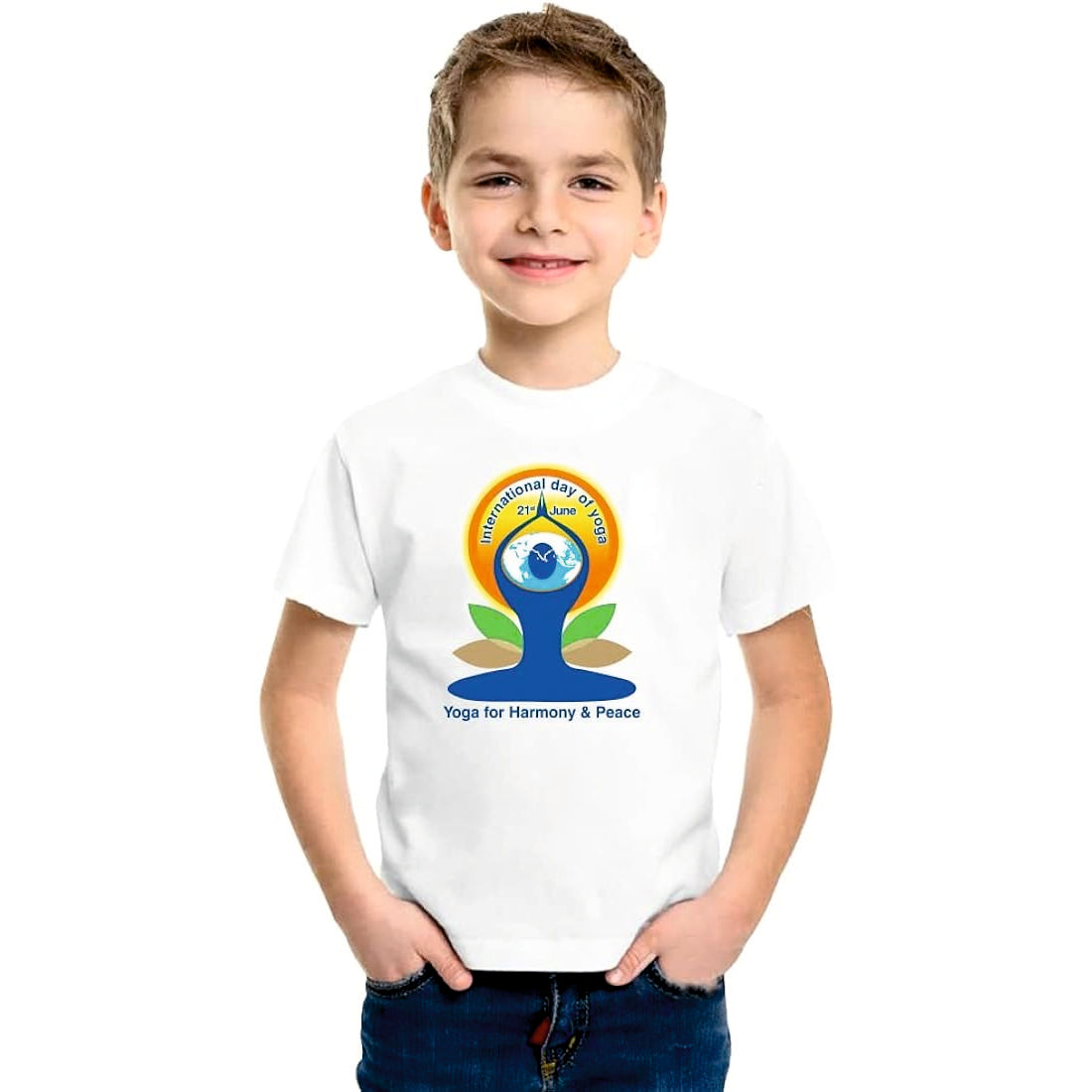 Print New International Yoga Day Printed Round Neck and Half Sleeve White | Dry Fit | T-Shirt for Women | Men | Kids | Girls | Boys